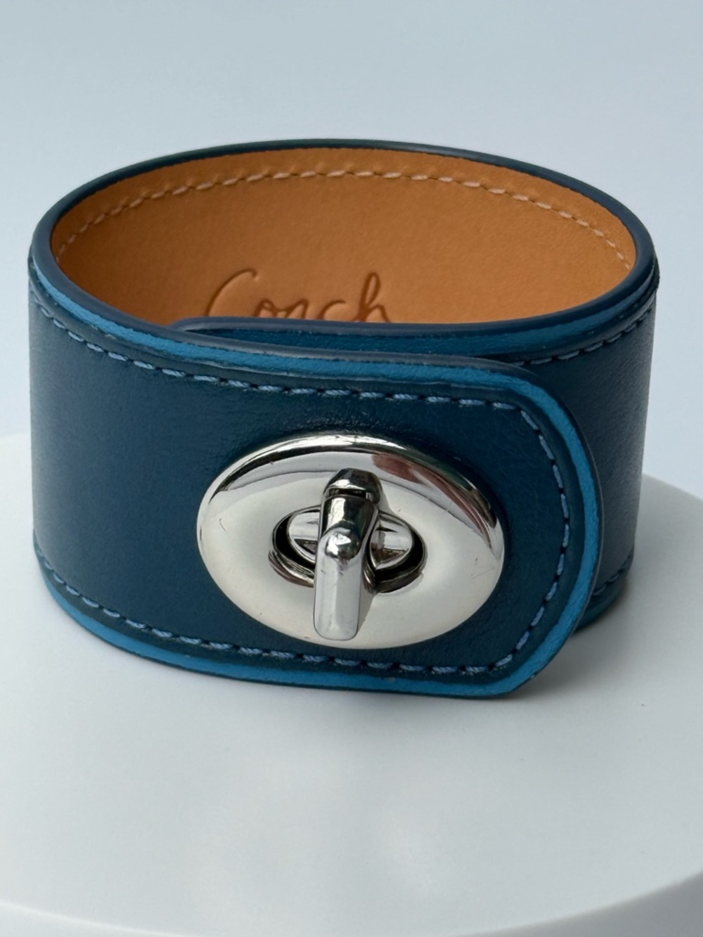 Coach Teal Blue Leather Turnlock Cuff Bracelet